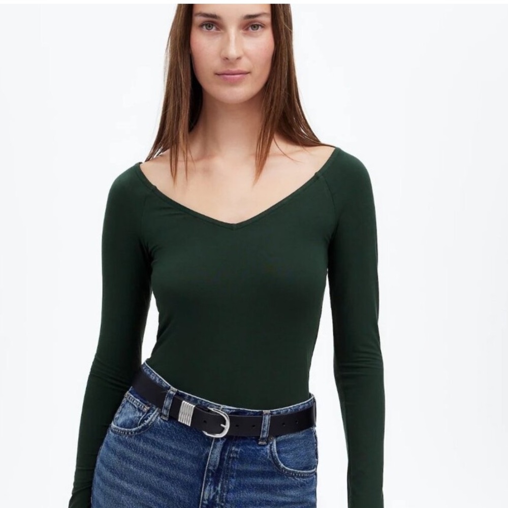 🍀 Madewell Deep Green Jersey V-Neck Body con top 🍀